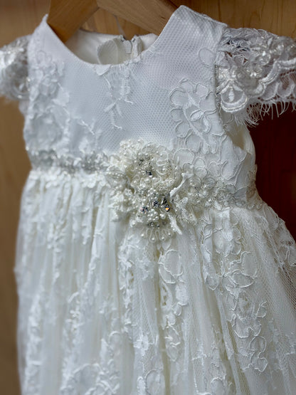 White Floral Lace Christening Gown with Embellished Waist