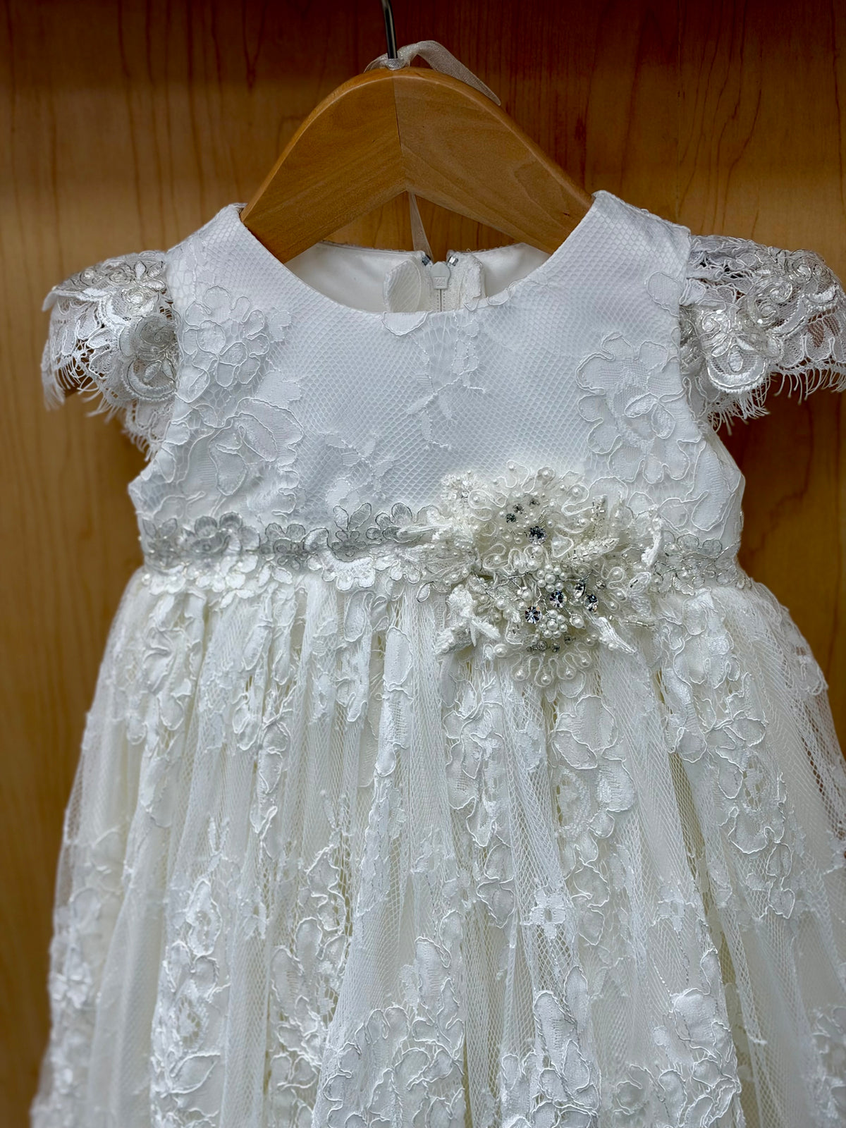 White Floral Lace Christening Gown with Embellished Waist
