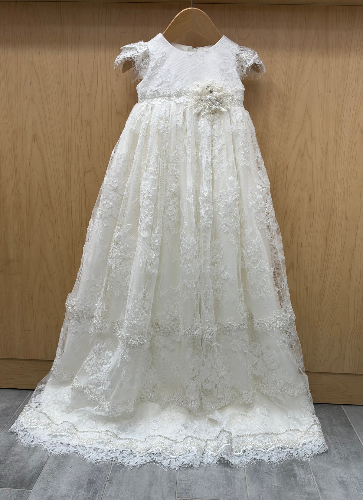 White Floral Lace Christening Gown with Embellished Waist