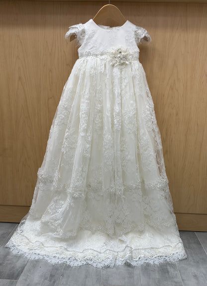 White Floral Lace Christening Gown with Embellished Waist