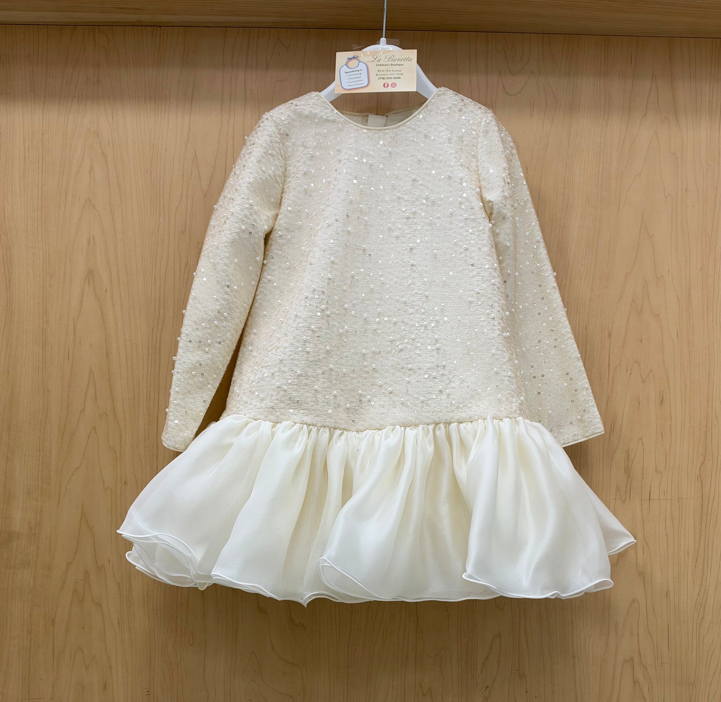Girls’ Ivory Textured Long-Sleeve Ruffle-Hem Dress