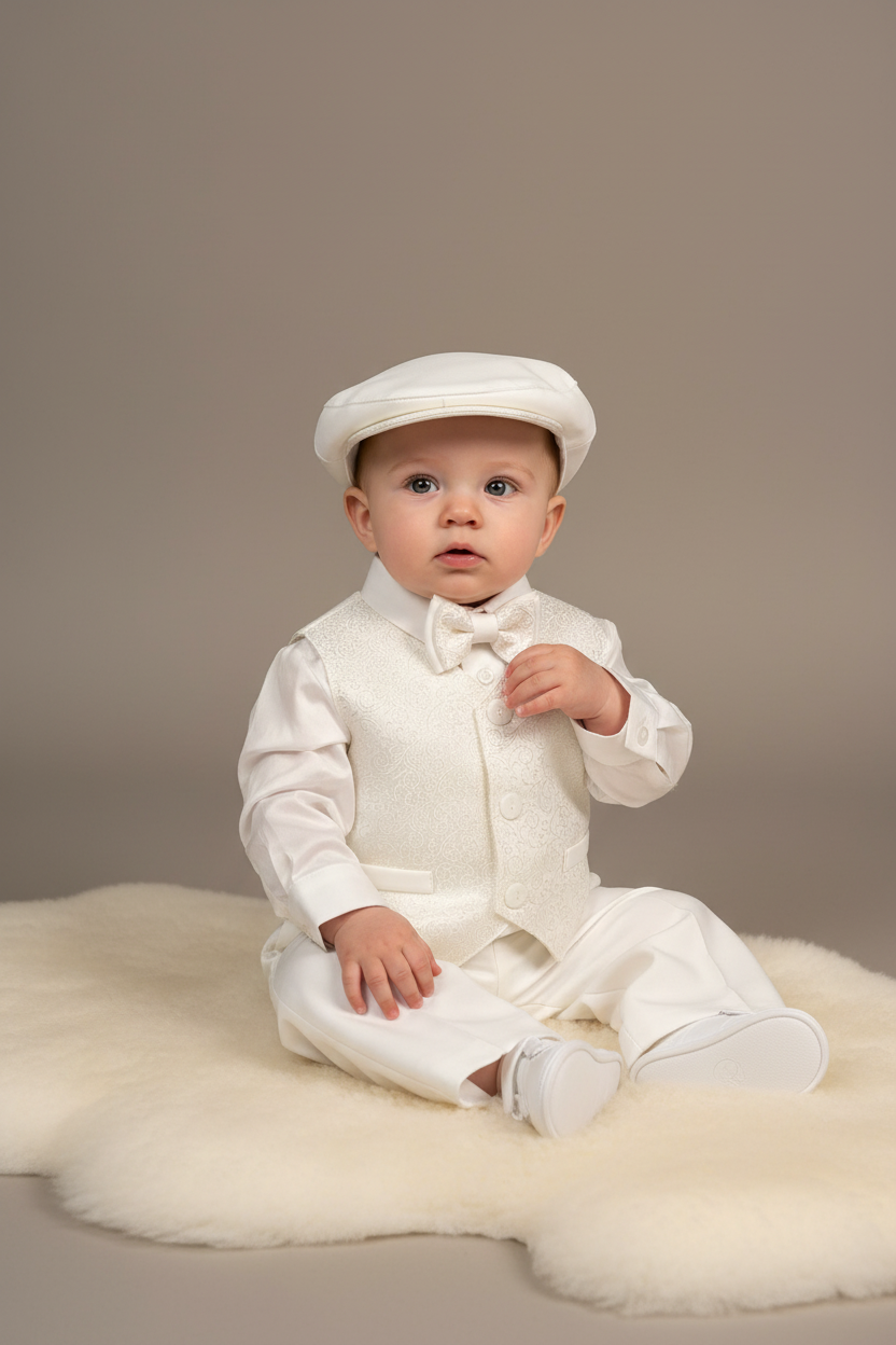 Baby in a formal white outfit with a bow tie and cap on a beige background