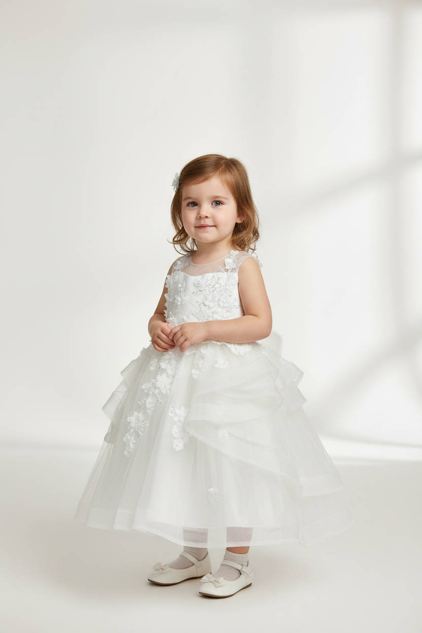 Princess Daliana white 3D flower Embellished Dress