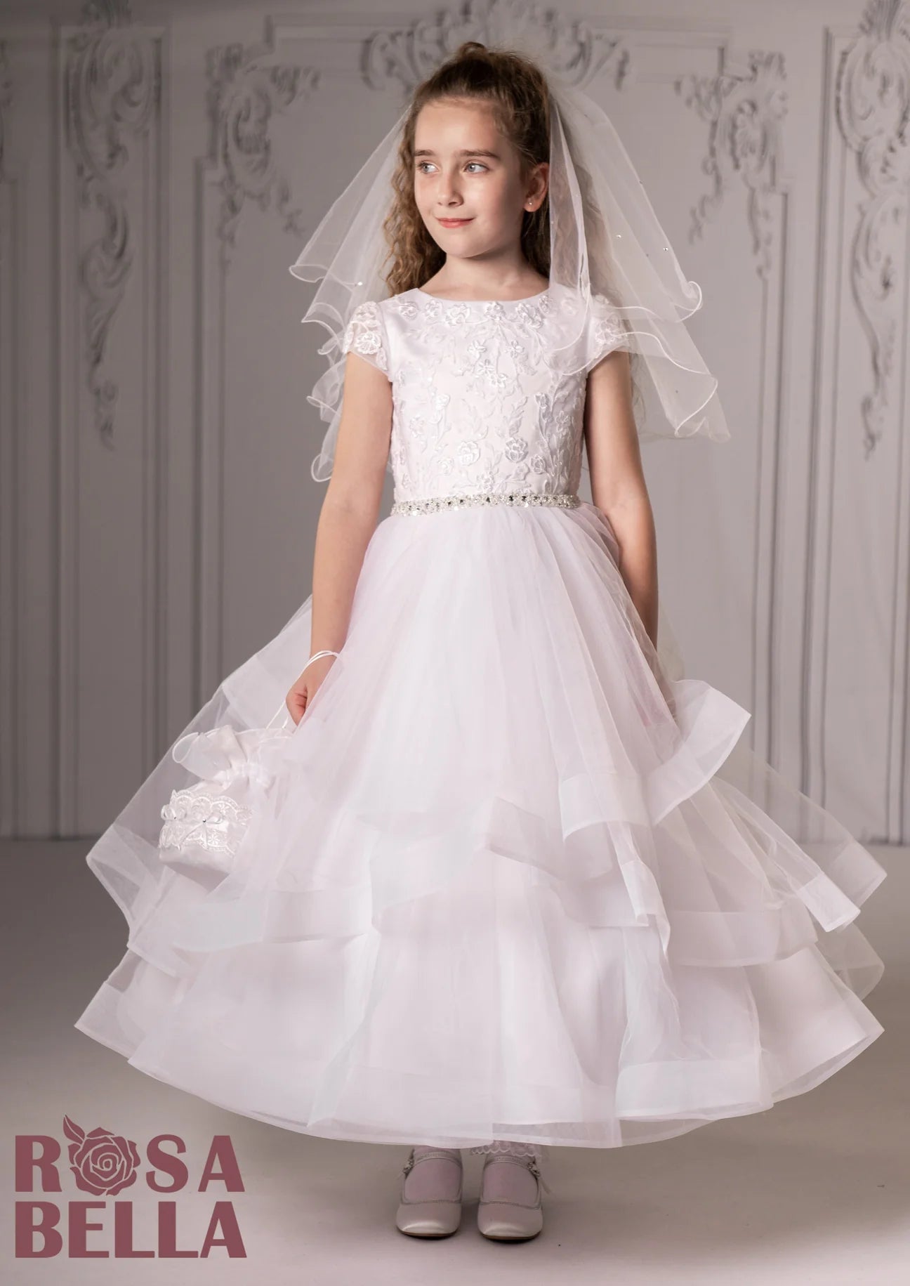 Rosabella Short Sleeve Lace Tiered Tulle communion dress
