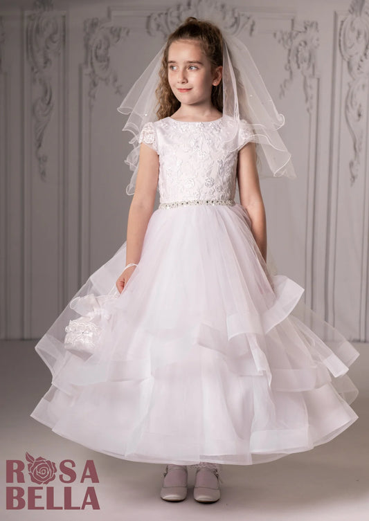 Rosabella Short Sleeve Lace Tiered Tulle communion dress