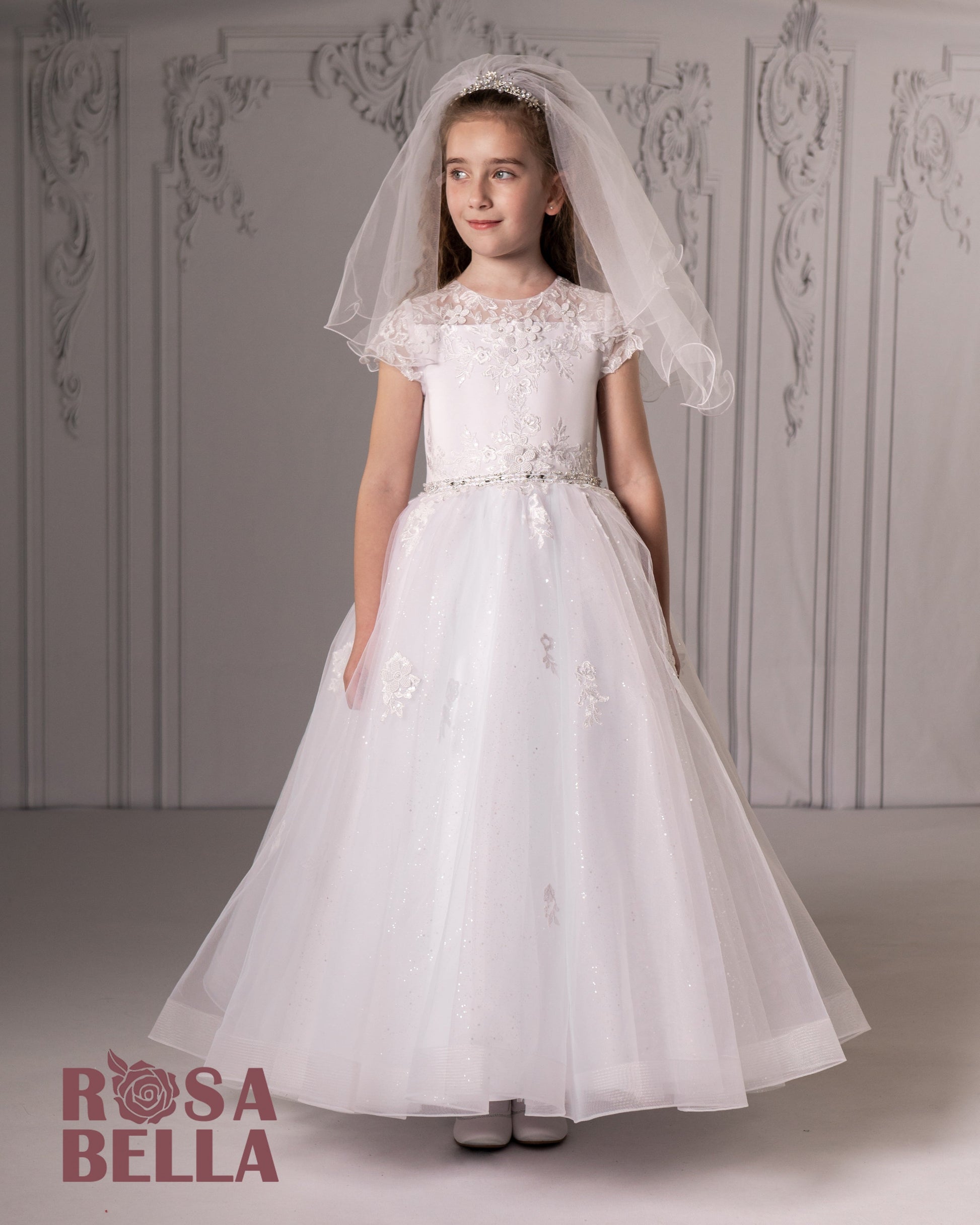 Rosabella tulle Sweetie pie communion dress with embroidery details and cap sleeve