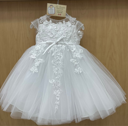 Sarah Louise white short Christian Baptism dress by La Bavetta. Brooklyn shopping