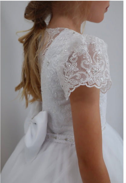 Sleeve detailed Sweetie Pie communion dress lace satin tulle cap sleeve
