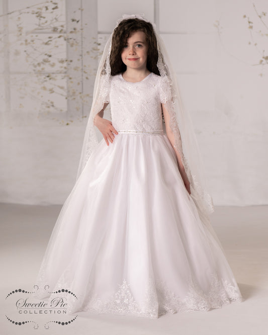 Sweetie Pie communion dress lace satin tulle cap sleeve