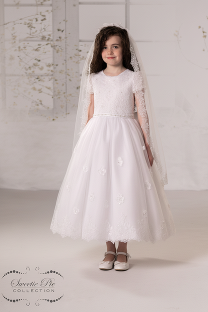 Sweetie Pie communion dress lace satin tulle cap sleeve
