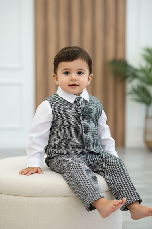 4 pc black & white checkered boys pants set