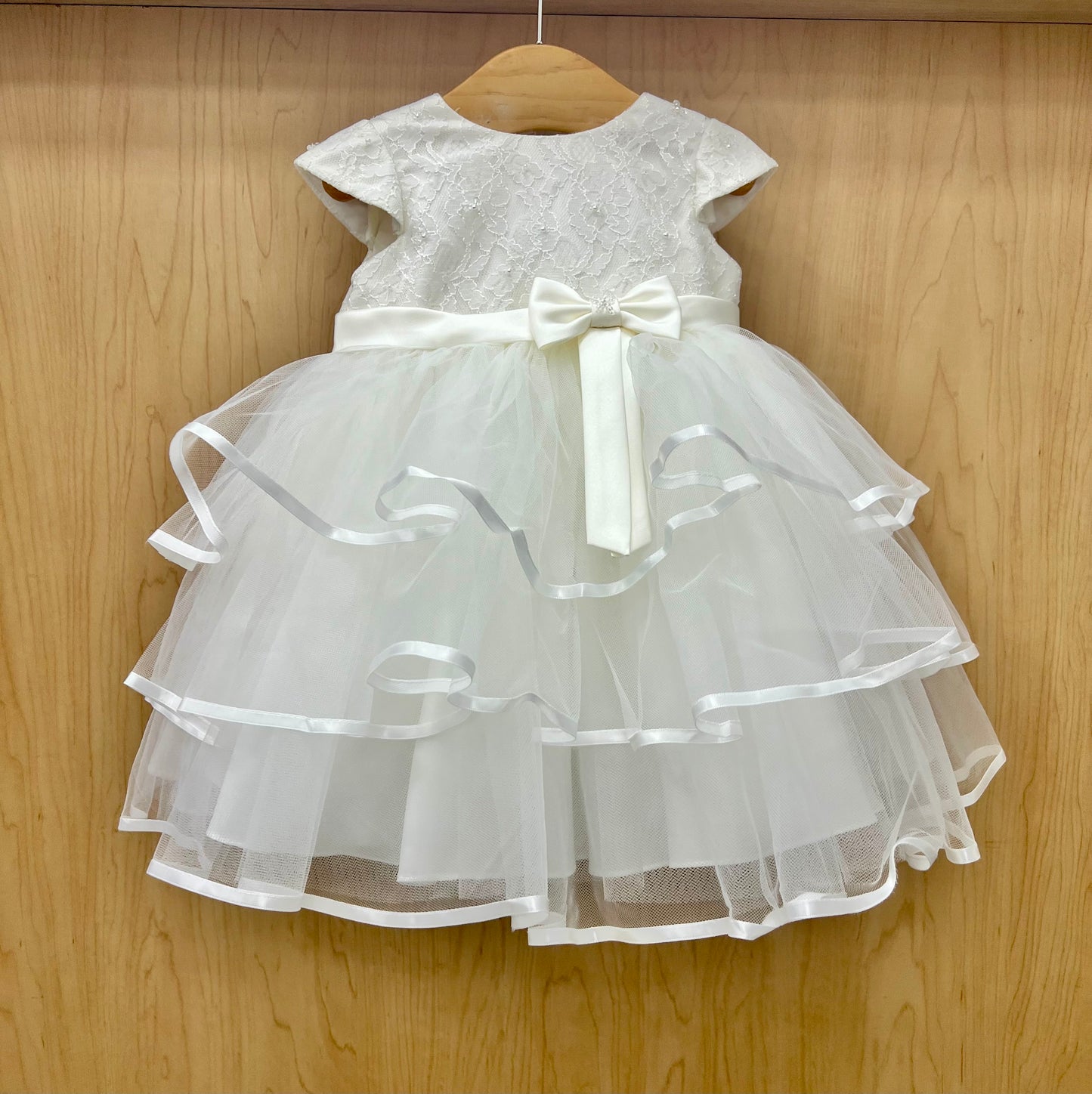 White lace baby Christening dress with a bow 