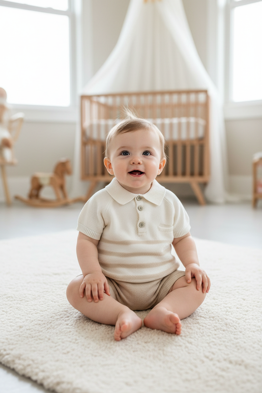 Baby Boy Ivory & Beige Striped Knit Polo Set