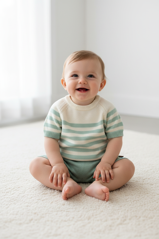 Baby boy in mint striped knit set