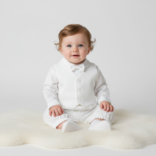Baby boy in white christening romper - clean shot