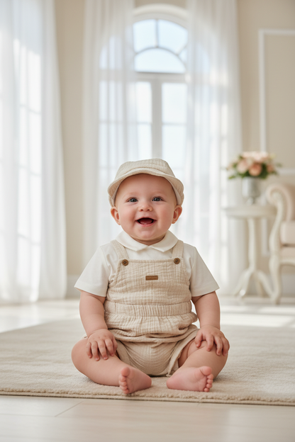 Baby boy wearing ivory christening outfit with hat