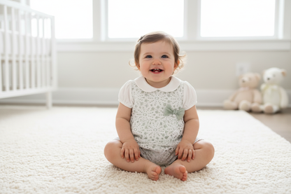 Eyelet white & sage Lace Romper with Sage Bow