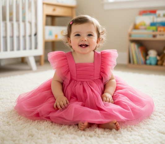 Hot Pink Tulle Flutter Sleeve Dress