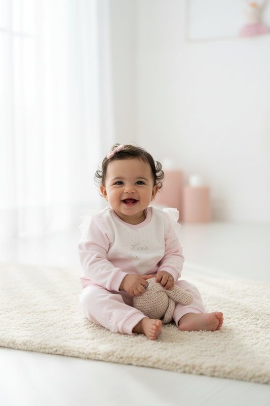 Baby girl wearing pink outfit set
