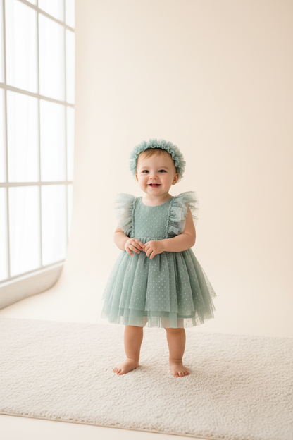 Baby girl wearing sage green tulle dress with simple headband