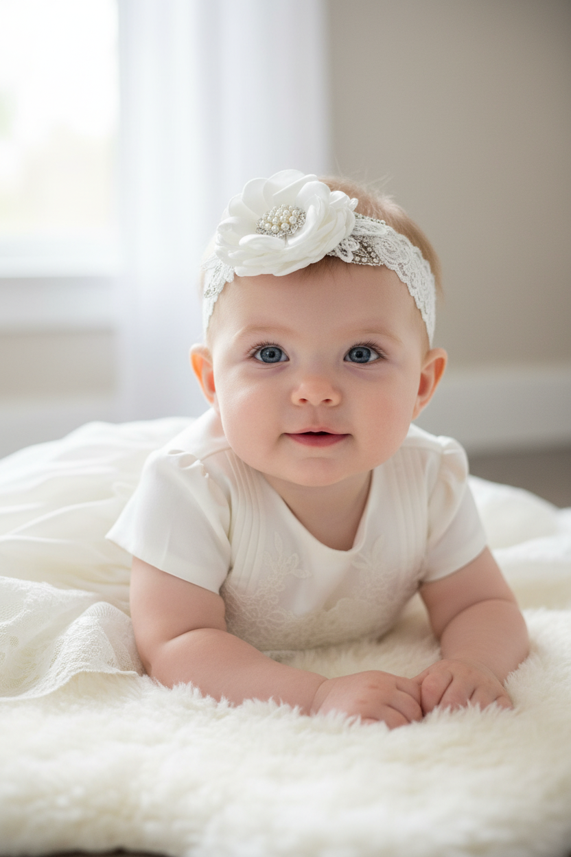 Baby Girl Wearing White Flower Headband