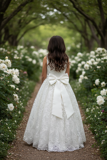 Back view of girl in white lace dress