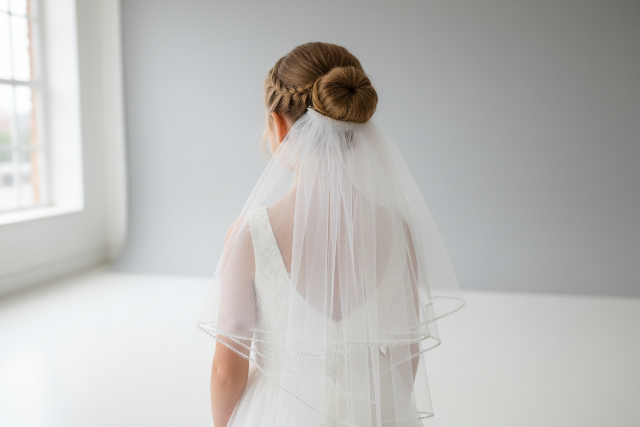Back view of girl wearing communion veil with rhinestone edge
