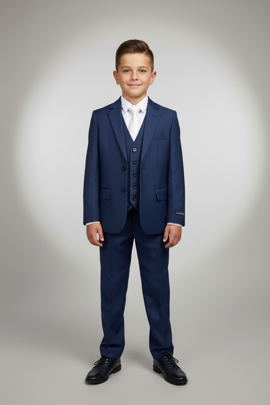 Young boy wearing a blue suit on a gray background