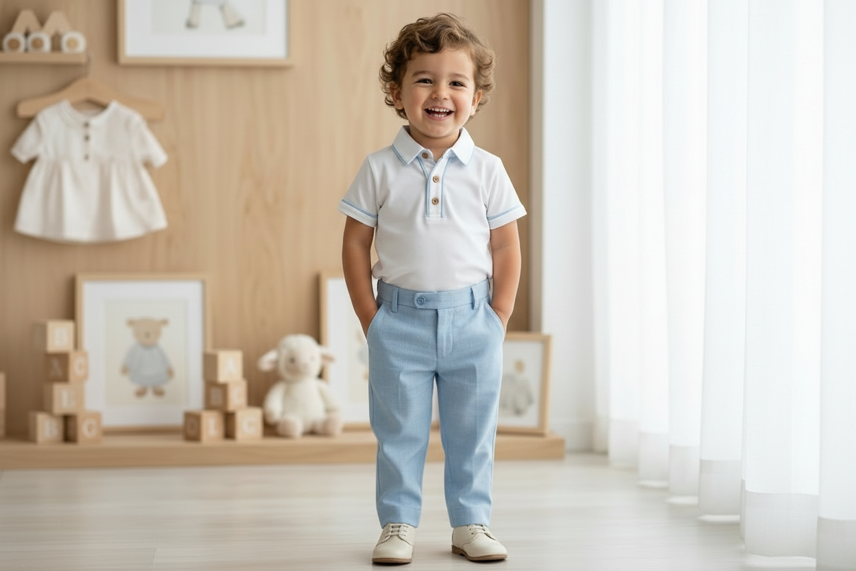White Polo & Sky Blue Dress Shorts Set