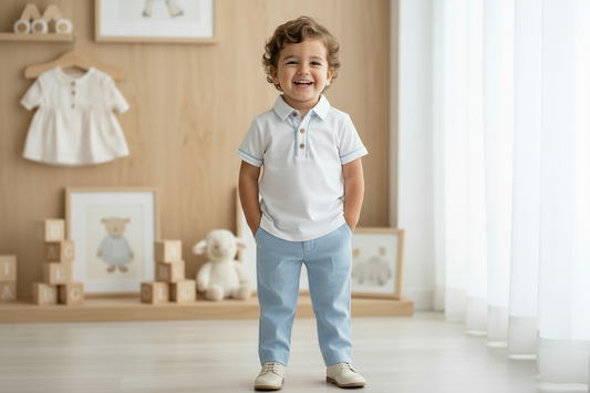 White Polo & Sky Blue Dress Shorts Set