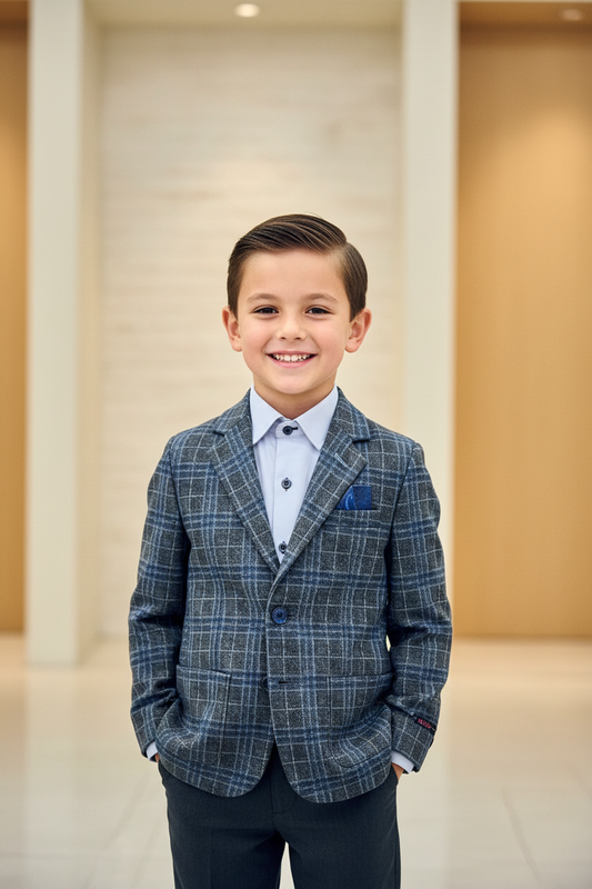 Boy in Grey-Blue Plaid Suit