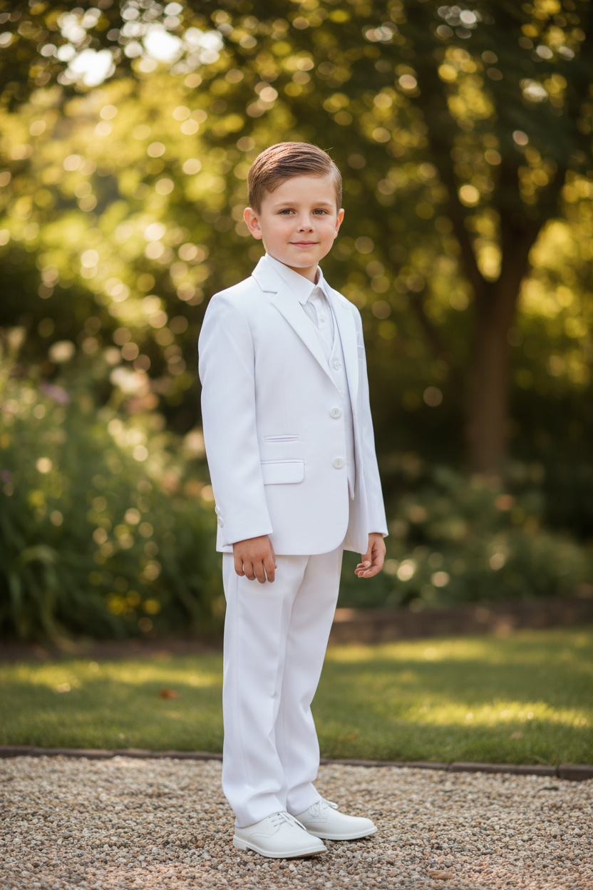 Boy in white christening suit with garden background