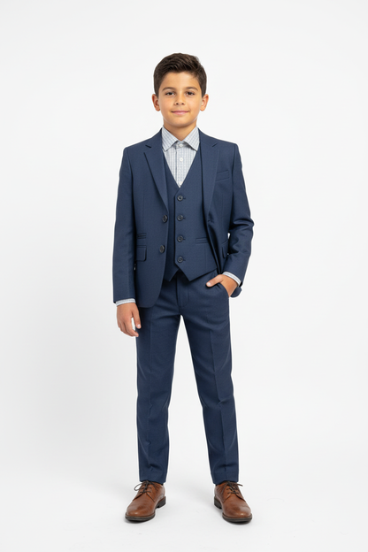 Boy wearing marino blue Prince of Wales suit