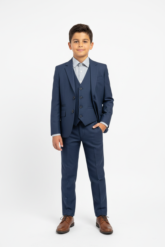 Boy wearing marino blue Prince of Wales suit