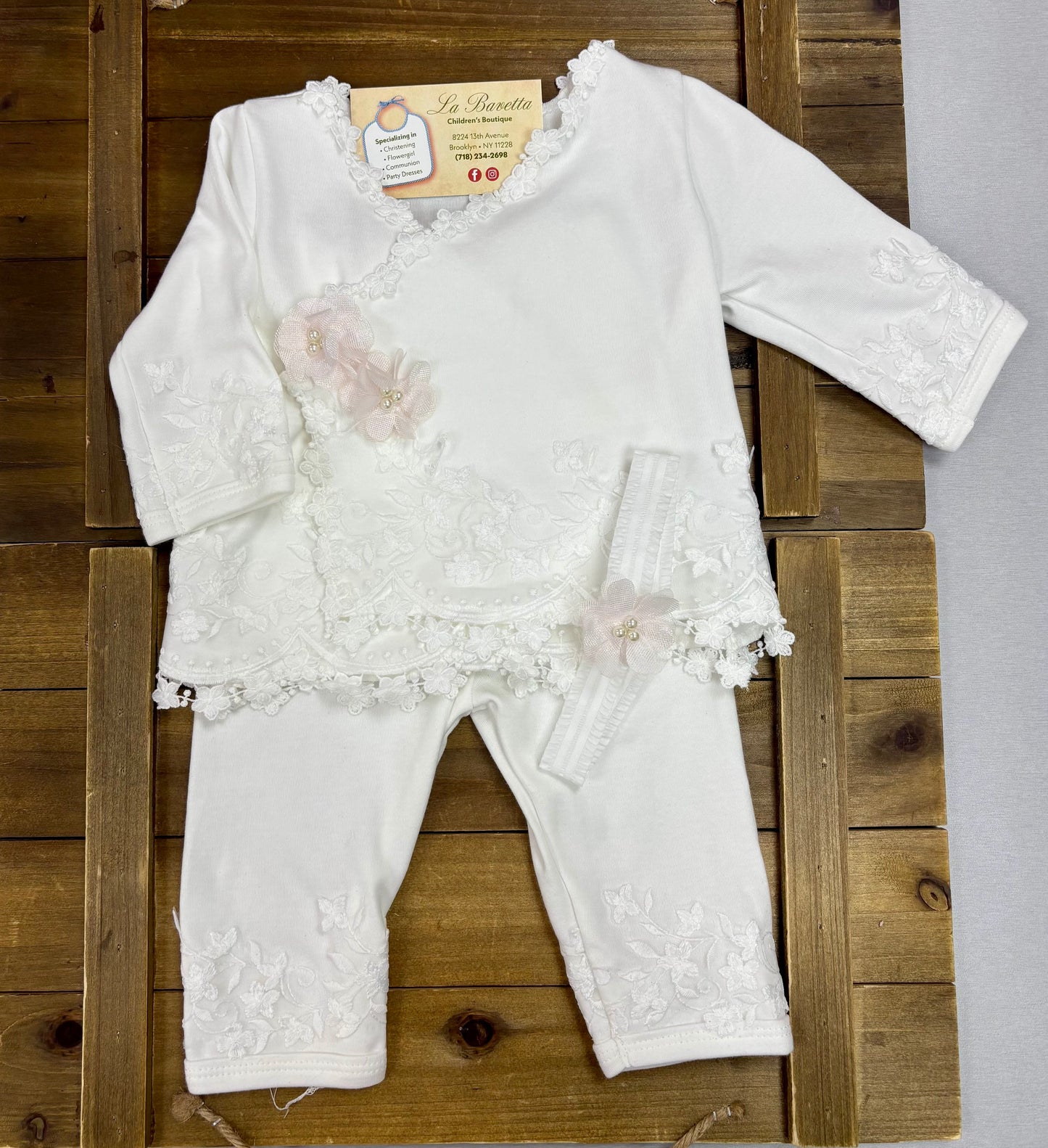 White Lace  with pink flowers 2-Piece Baby Set