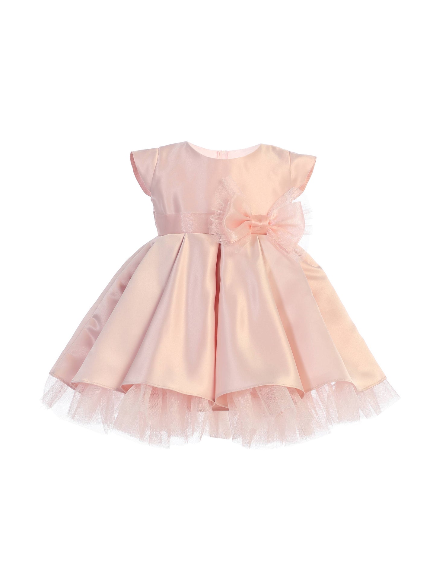 Pleated satin & peek a boo tulle dress with bow: Petal Pink SK711