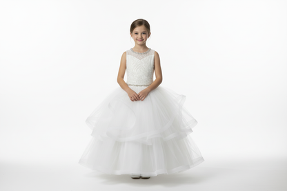 Front view of girl in white christening dress