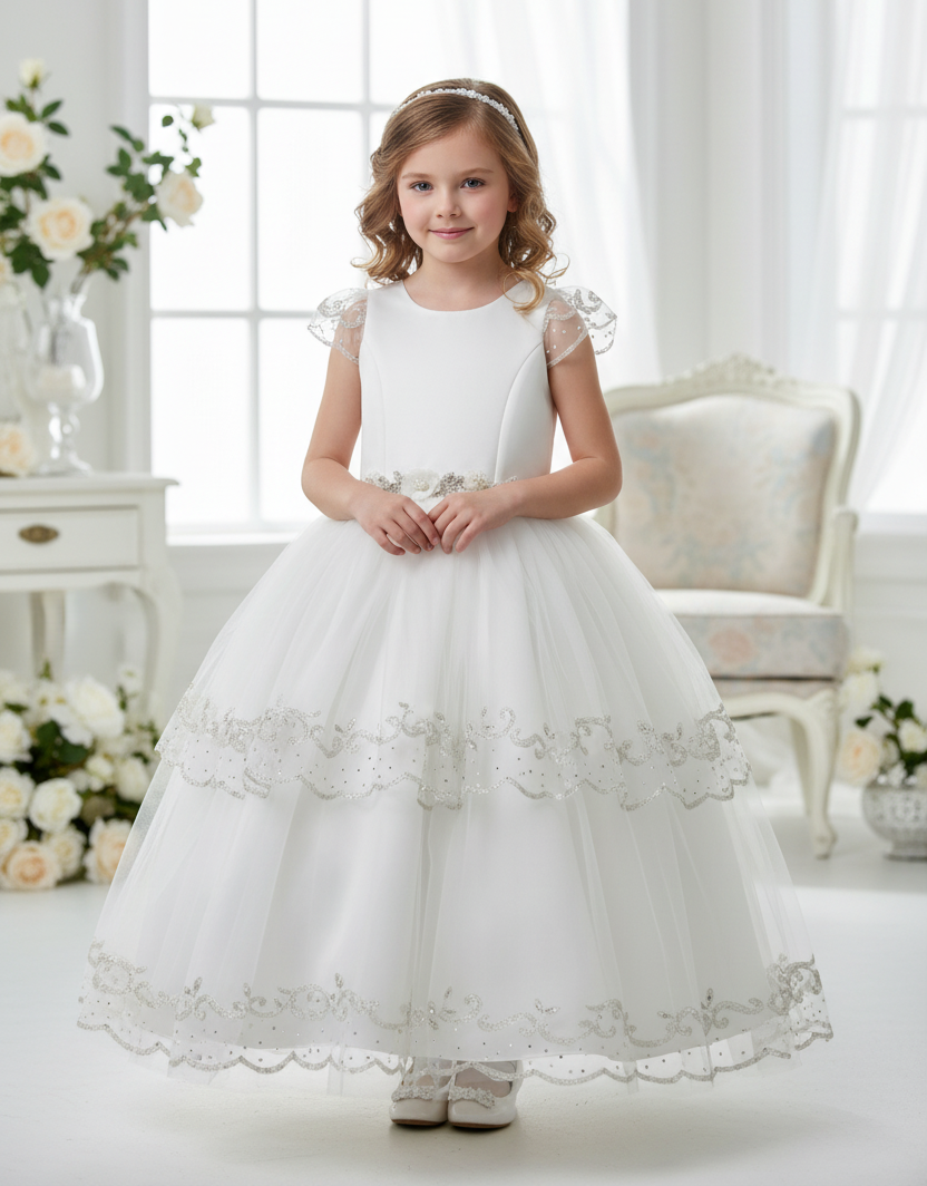 Elegant Diamond White communion Dress with Satin Bow Elenor