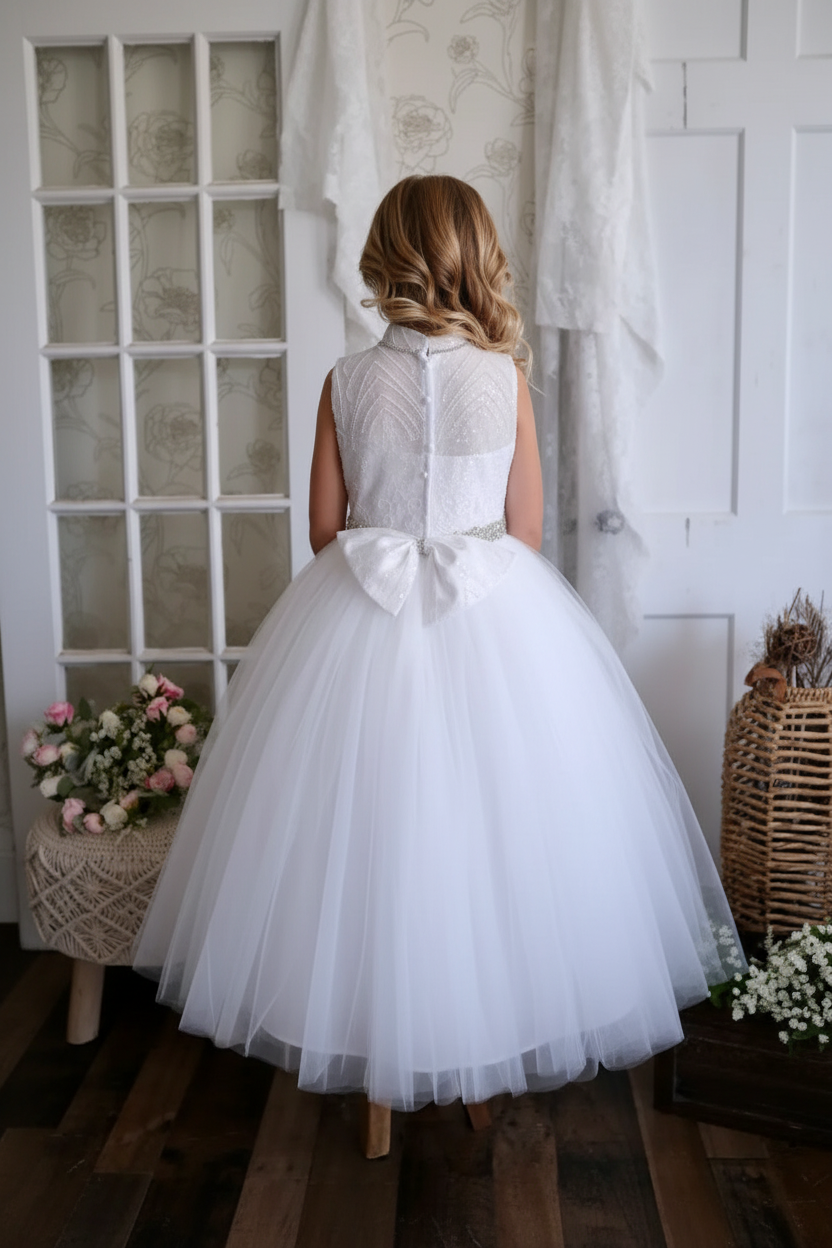 Girl in communion dress - back view