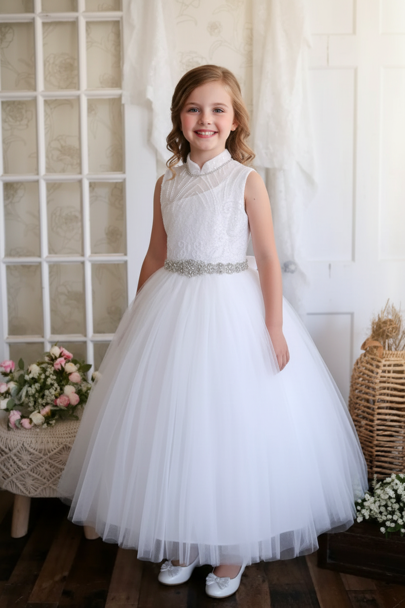 Girl in communion dress - front view