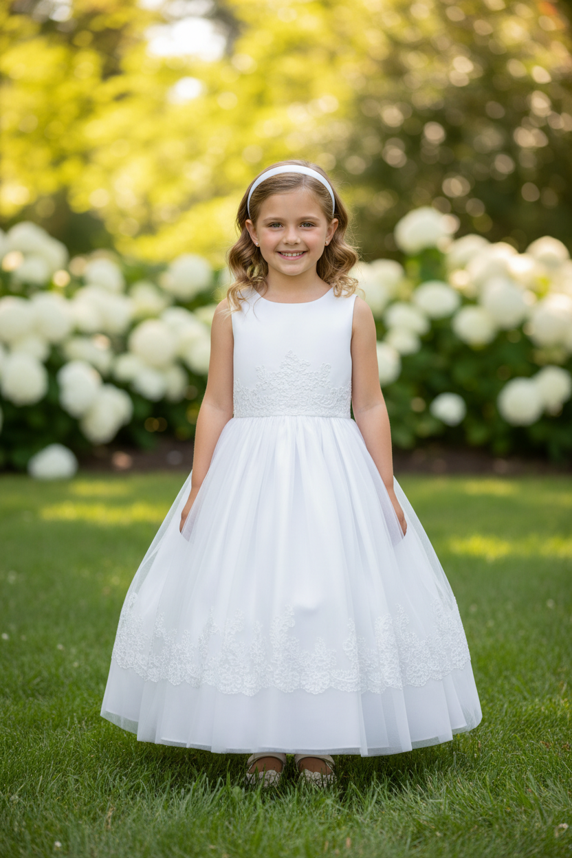 White Lace-Trim Tulle Communion Dress