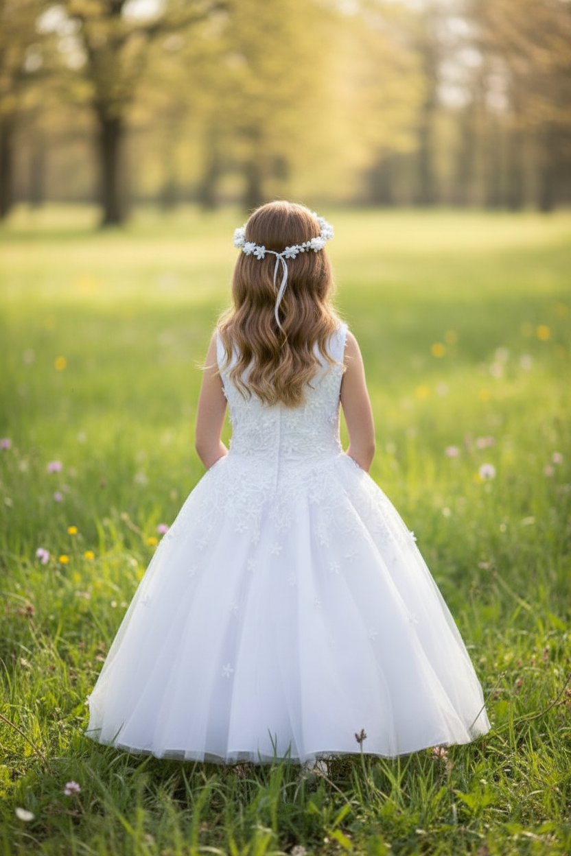 Girl wearing Christie Helene communion dress - back view