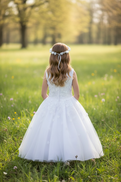 Girl wearing Christie Helene communion dress - back view