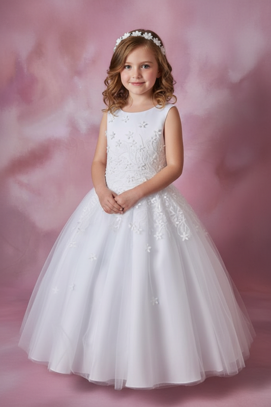 Girl wearing Christie Helene communion dress - front view