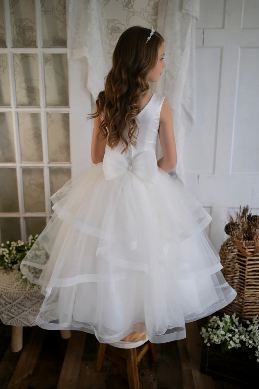 Girl wearing communion dress - back view