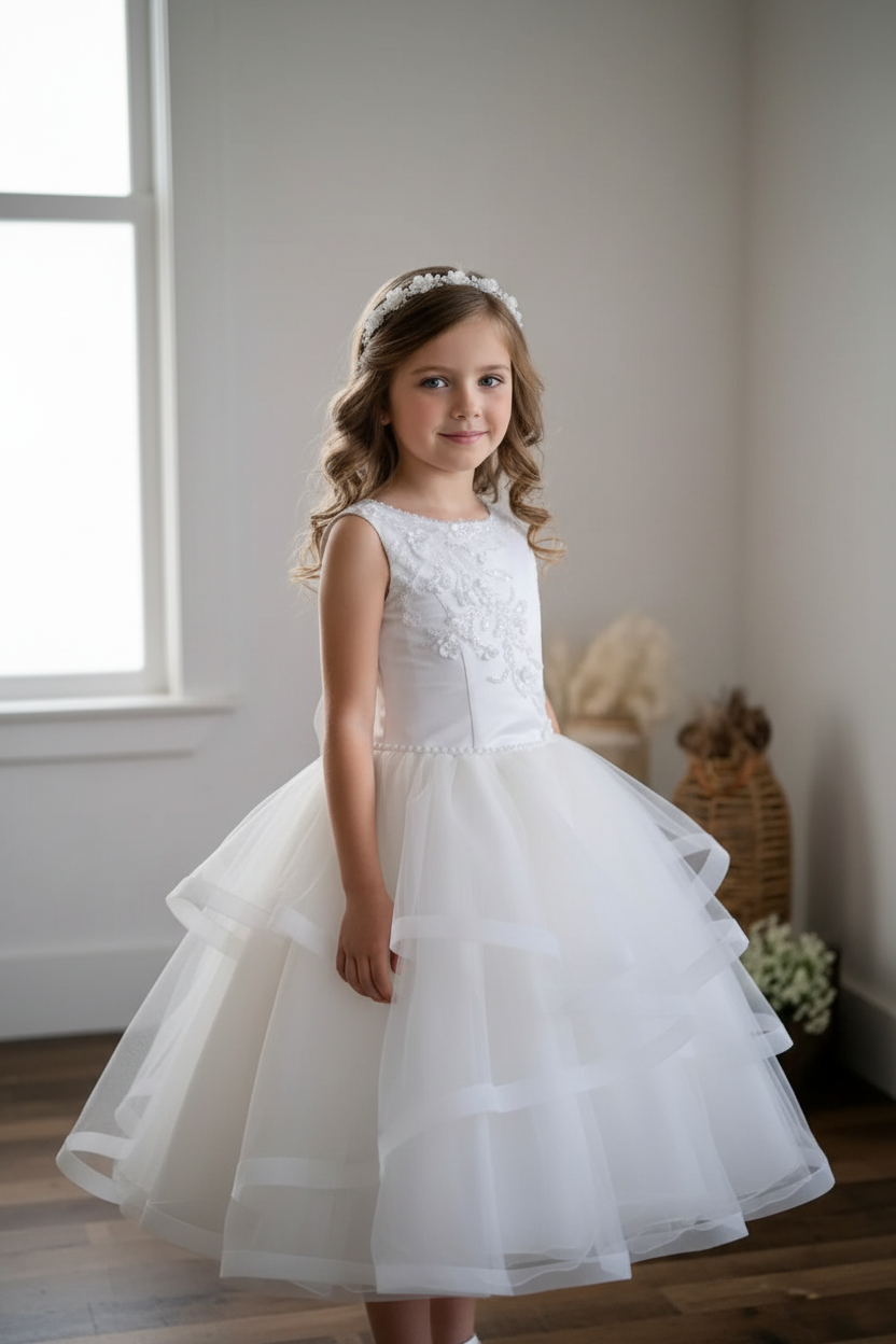 Girl wearing communion dress - front view