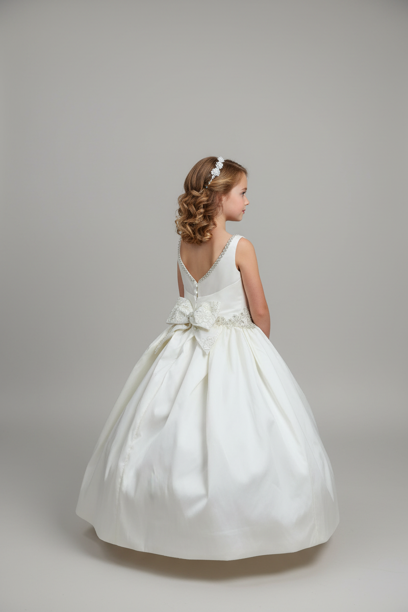 Girl wearing communion gown - back view