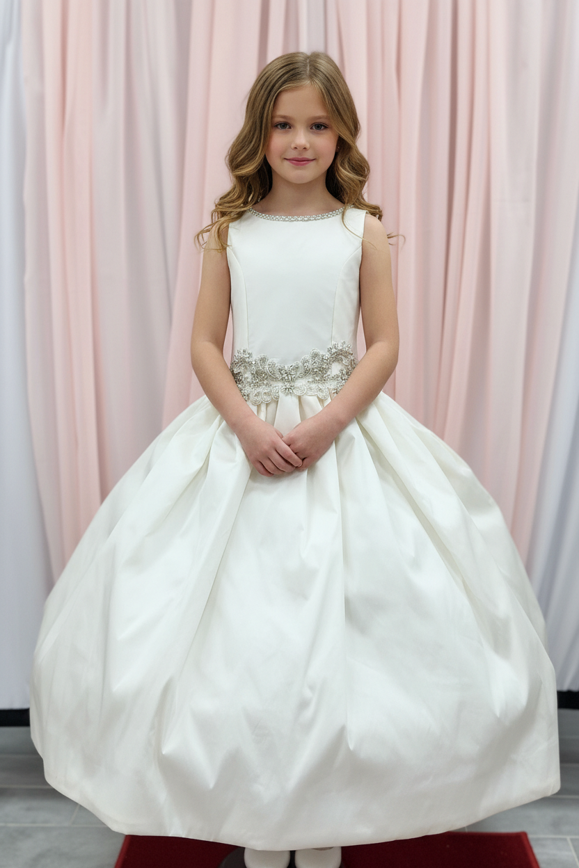 Girl wearing communion gown - front view without veil