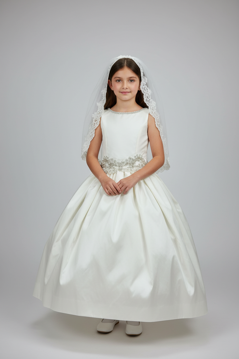 Girl wearing communion gown - front view