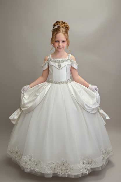 Girl wearing Emanuela communion dress - front view
